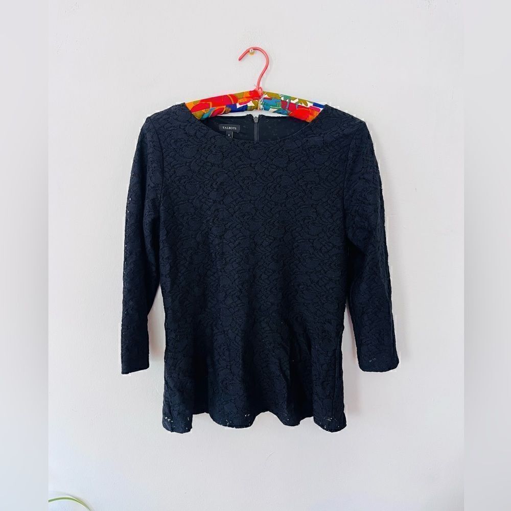 Talbots | black lace 3/4 sleeve top with stretch